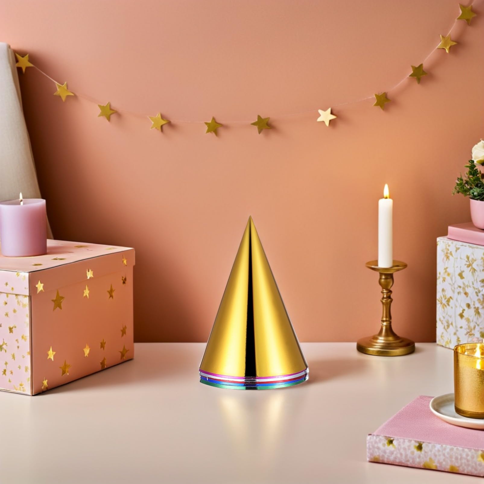 Beaupretty 60pièces Chapeaux Anniversaire Coniques pour Garçon Fille Coiffes Métallisées Brillantes Chapeaux de Fête Papier à Monter Soi-même