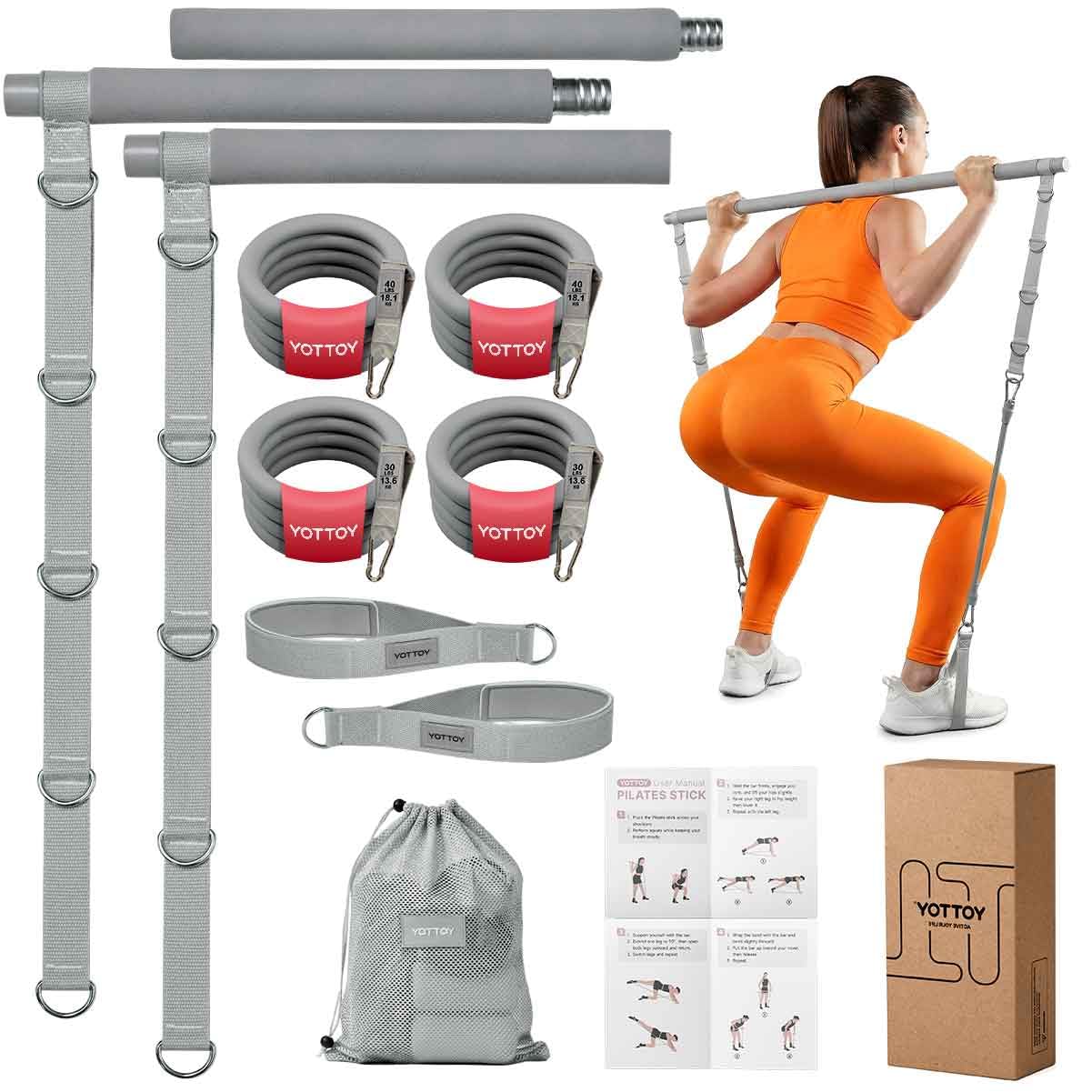 YOTTOY Pilates Bar Kit with Resistance Bands - 3-Bar Pilates Workout Equipment for Legs, Hips, Waist & Arms Workout, Portable Home Gym Exercise Equipment for Women & Men (Gray, 20/30lbs)