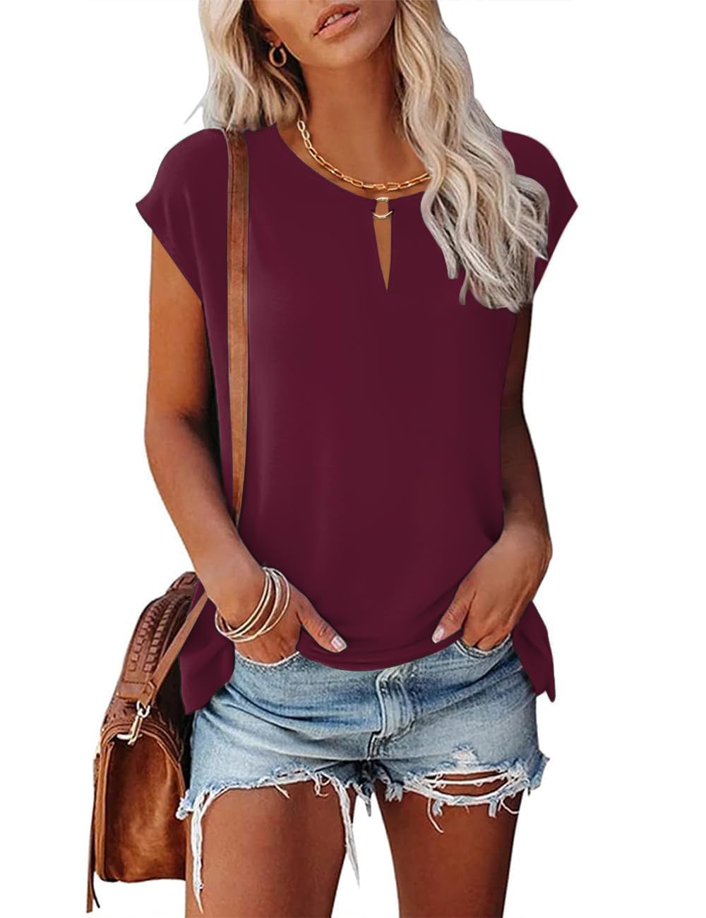 Tanmolo Damen T-Shirt Oberteile Top Sommer mit Flügelärmeln & Metallring-V-Ausschnitt Elegant Casual Shirt Bluse für Freizeit und Alltag