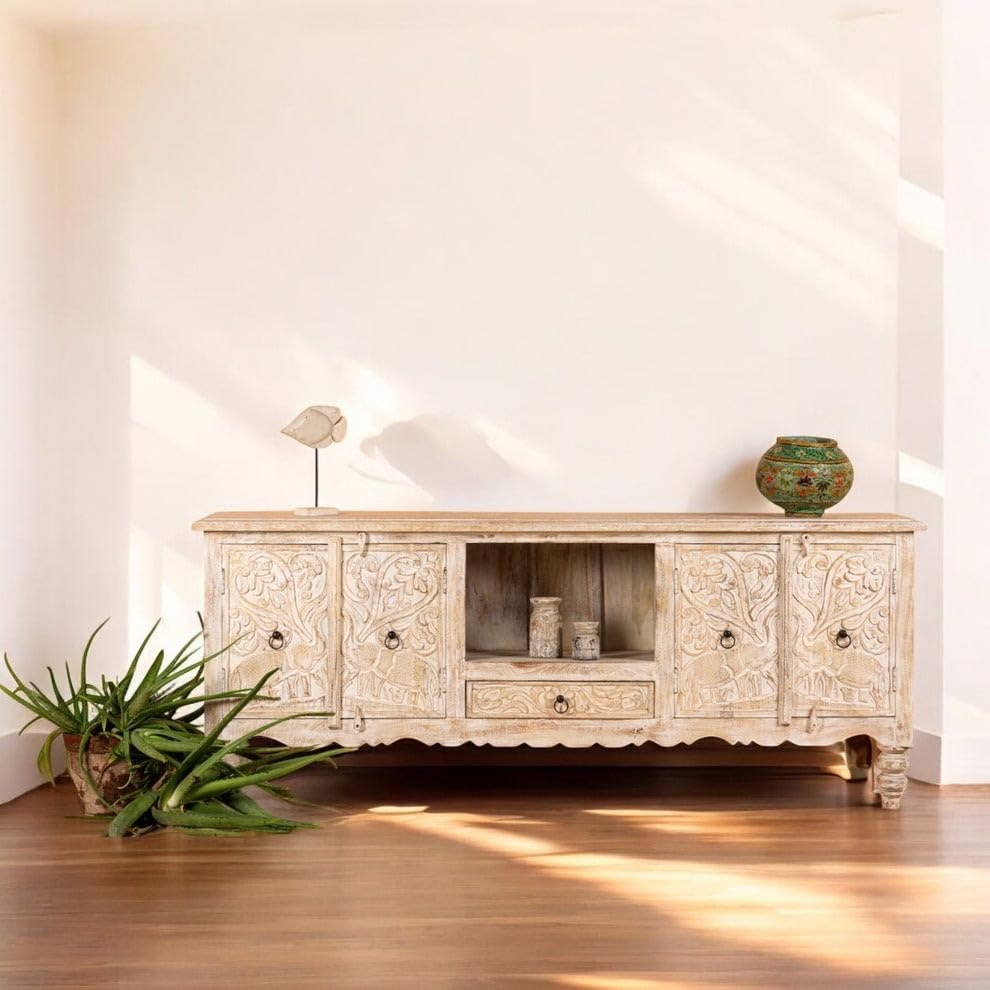 TGF Furniture Store Vintage Hand-Carved TV Stand – Whitewashed Wooden Media Console with 4 Floral Design Doors and Open Shelf – Rustic Entertainment Cabinet for Living Room-image-19