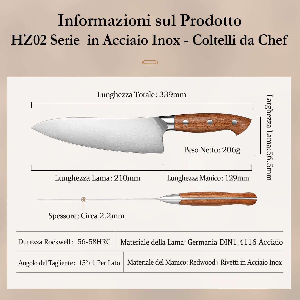 Coltelli da Chef HEZHEN 21cm Acciaio German DIN1.4116 Full Tang Manico Redwood