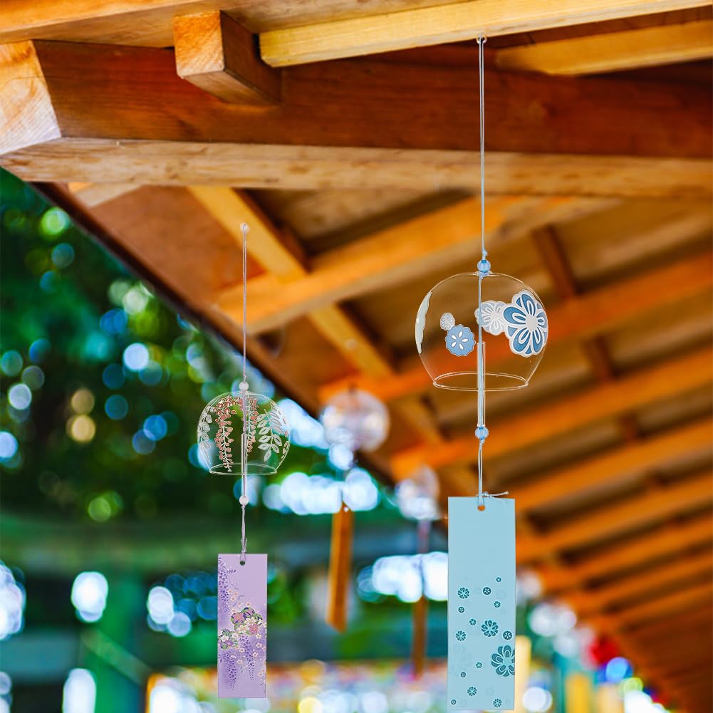 BENECREAT 4 pz Campanelli Eolici Rotondi In Vetro Giapponese, Cielo Blu, Lilla, Colorato, Campanelli Eolici con Motivo Floreale Giallo con Ciondolo In Carta Da Preghiera, per Il Giardino