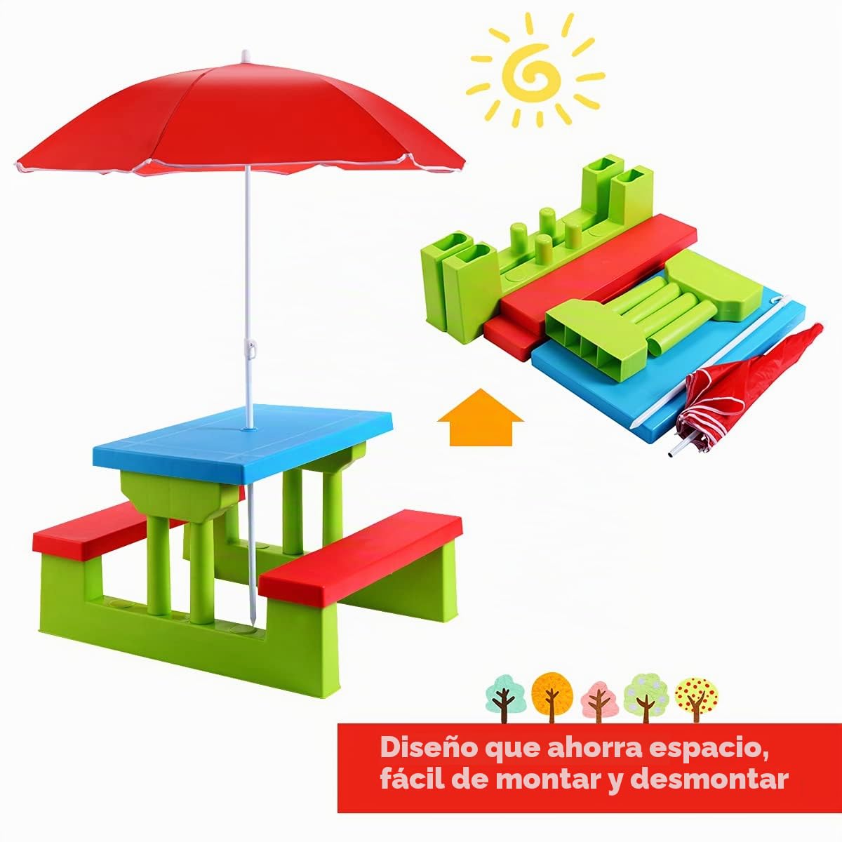 RELAX4LIFE Set de Mesa y Sillas para Niños, Mesa de Picnic con Sombrilla, Mesita y Bancos para Exterior para Jardín, Terraza y Balcón (Modelo 1)