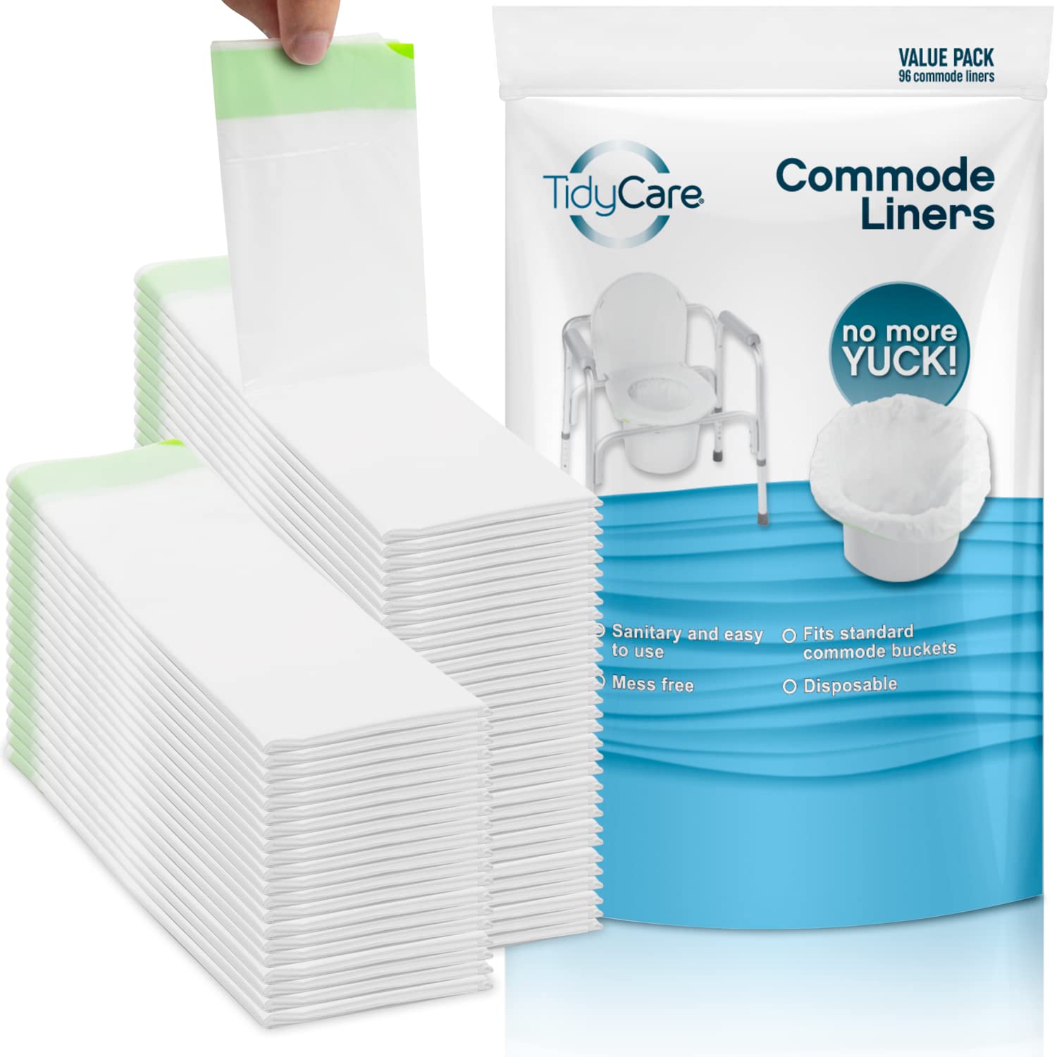 TidyCareCommode Liners for Bedside Portable Toilet Chair Bucket | Value Pack of 96 Disposable Waste Bags for Adults | Universal Fit