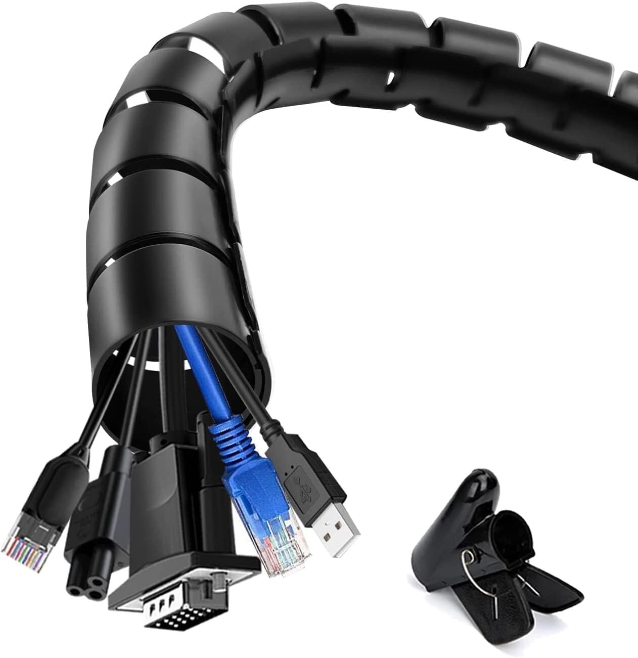 Kit di Guaina per Gestione Cavi - Organizzatore Fili 3m con 20 Fascette, 5 Clip Adesive per TV PC Casa(Black,0.87"+1.1"-32.8ft)