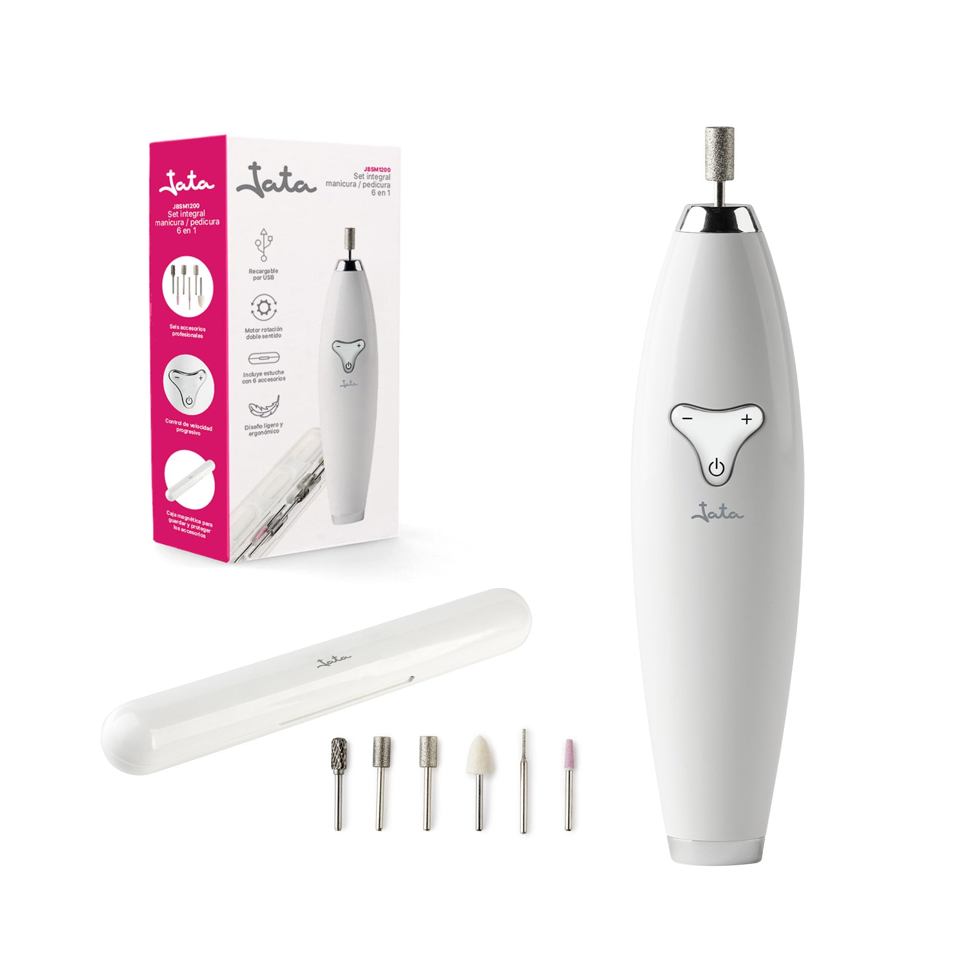 Jata JBSM1200 Profesjonalny zestaw do manicure i pedicure, dwustronny obrót – w zestawie etui z 6 akcesoriami, progresywna kontrola prędkości, ładowanie przez USB, Biały