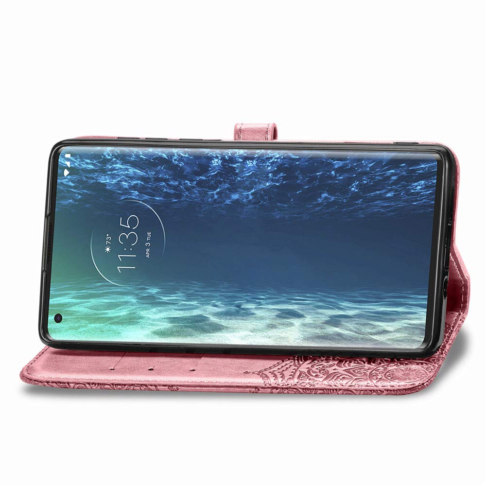 Custodia Moto Edge In Pelle Sintetica COTDINFORCA | Con Fessura Porta Carte, Chiusura Magnetica E Fiore In Rilievo (Rosa E Oro) - 3