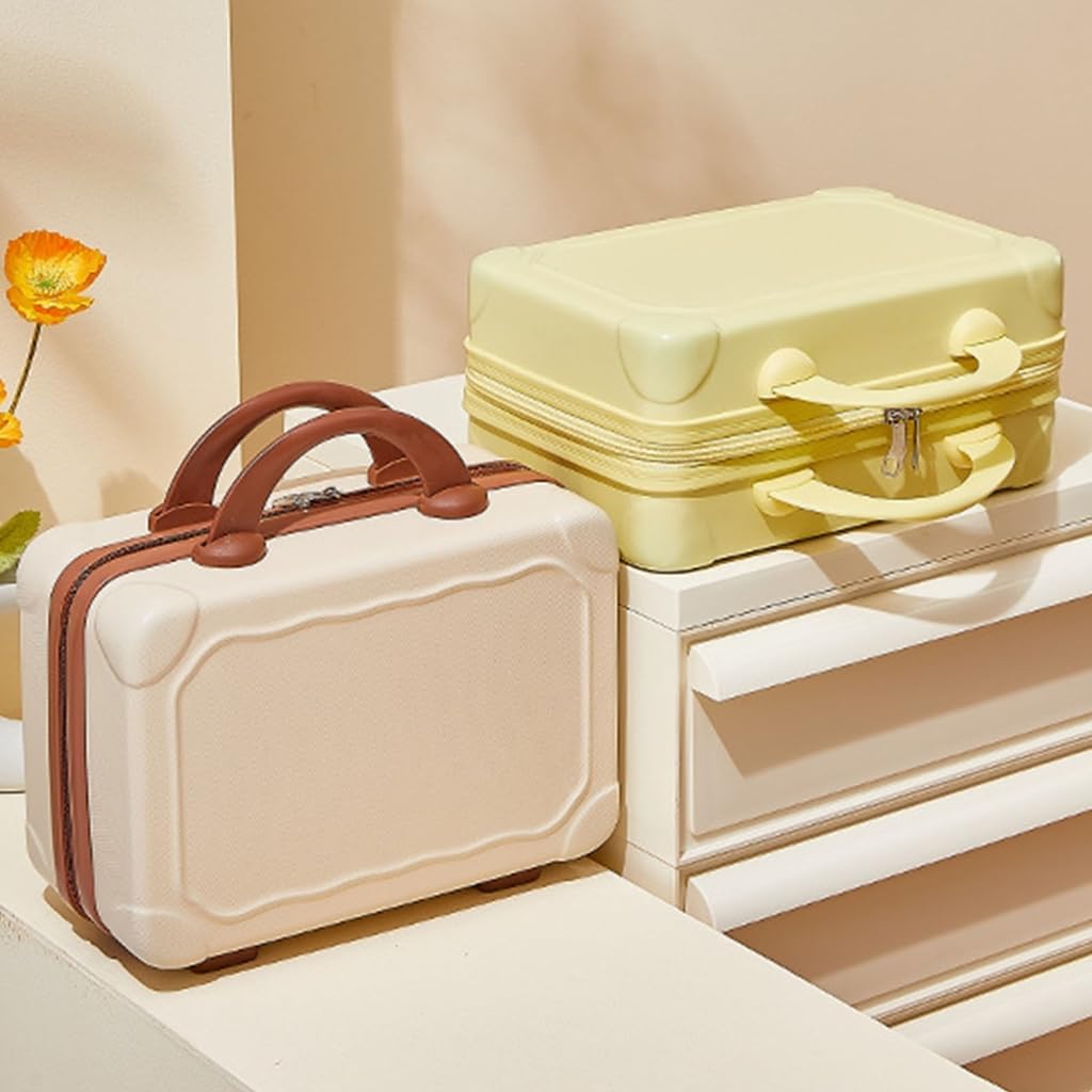 Bottone 14 Inch ABS Cosmetic Bag Portable Travel Makeup Suitcase Decorative Hand Luggage Carrying Bag for Women Girls, Yellow with matcha