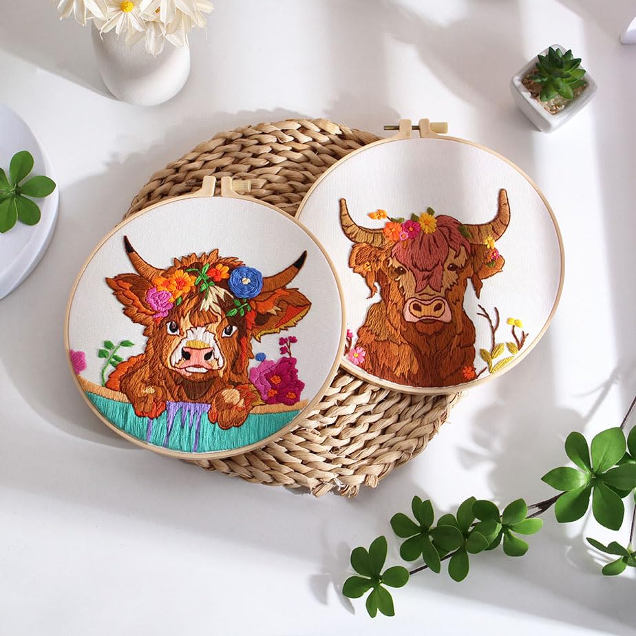 Image of Offizon 2 PCS Embroidery Kit for Beginners Stamped Cos Pattern | Cross Stitch DIY Craft Set, Hoop Included, Animal Embroidery Accessories, Stitching Sewing Kit Gift for Adults