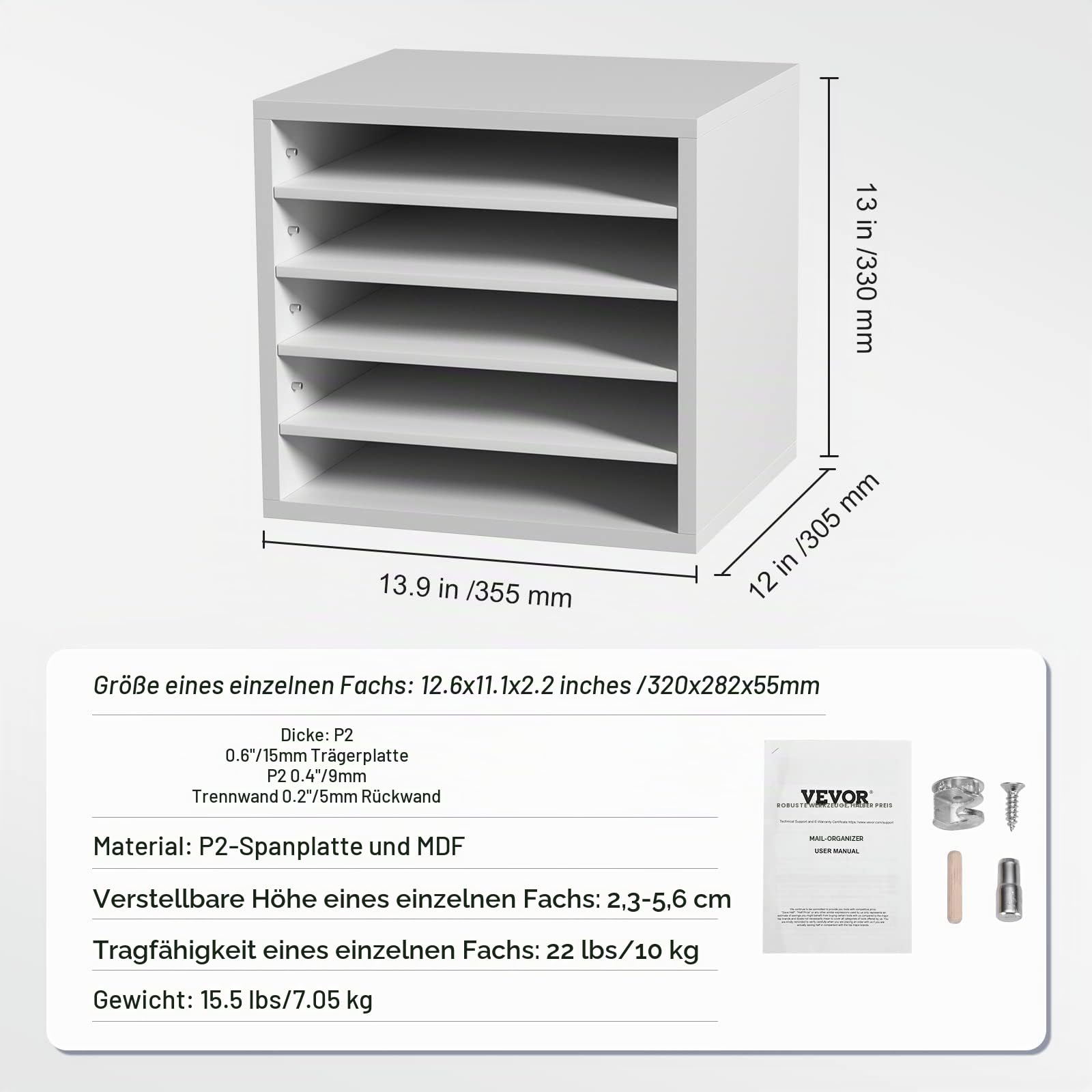 VEVOR 355 x 305 x 330 mm Briefablage Schreibtisch Organizer, 2,3–5,6 cm Einstellbar A4 Stapelbar Quer, Papierablage, Aufbewahrung Schreibtisch Ablagesystem Organisation, Ablage (Weiß, 5 Fächer)