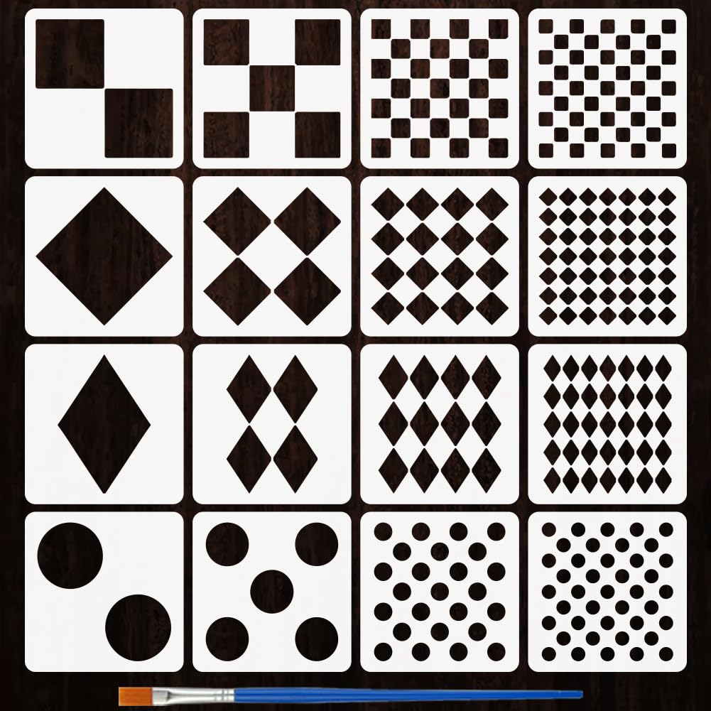 FINGERINSPIRE 16PCS Checkerboard Painting Stencils with Paint Brush 15x15cm Geometric Checks Diamond Drawing Template Square Diamond Dot Stencil DIY Daily Theme Template for Painting on Floor