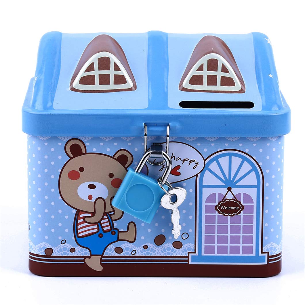 Sperrins Creative Money Banks Creative Piggy Bank Metal House Shape Cash Box Coin Safe Storage Box Child Money Saving Tin Key Lock Money Box Interior