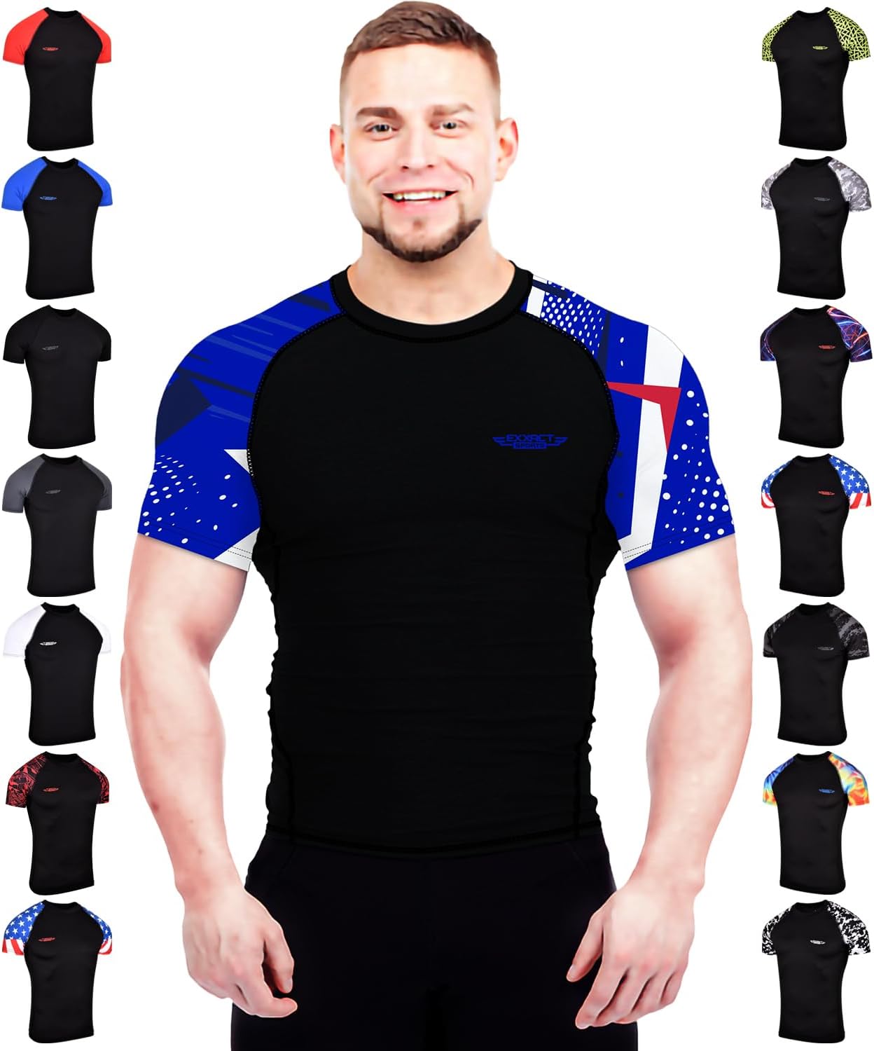 Exxact SportsMens BJJ Rash Guard Jiu Jitsu Short Sleeve, Ranked Compression No Gi Jiu Jitsu Rash Guard Men for MMA Wrestling