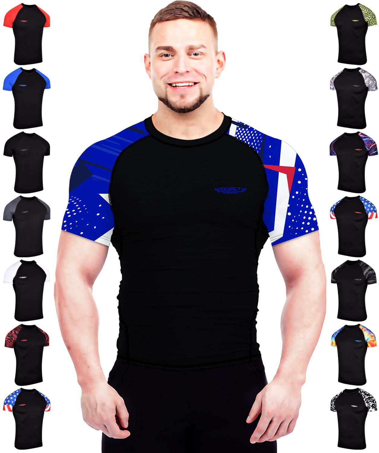 Exxact SportsMens BJJ Rash Guard Jiu Jitsu Short Sleeve, Ranked Compression No Gi Jiu Jitsu Rash Guard Men for MMA Wrestling
