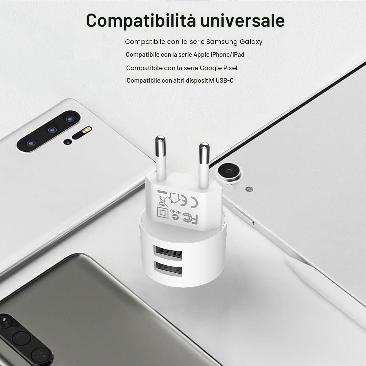 joonnair Mini Caricatore da Muro Piatto 2 Porte, Alimentatore di rete USB 5V 2,1A, Spina USB, Alimentatore usb per dispositivi con porta Type-C, Cellulare, Orologio Smartphone joonnair Mini Caricatore da Muro Piatto 2 Porte, Alimentatore di rete USB 5V 2,1A, Spina USB, Alimentatore usb per dispositivi con porta Type-C, Cellulare, Orologio Smartphone