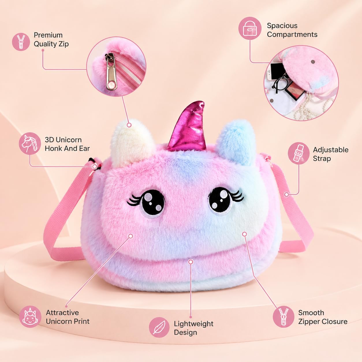 Sanjis Enterprise Kids cartoon Fur Sling Bag for Girls | Soft Plush Crossbody Bag | Cute Mini Shoulder Purse with Adjustable Strap | Lightweight Casual Travel Sling Bag for Baby Girls Pink 2