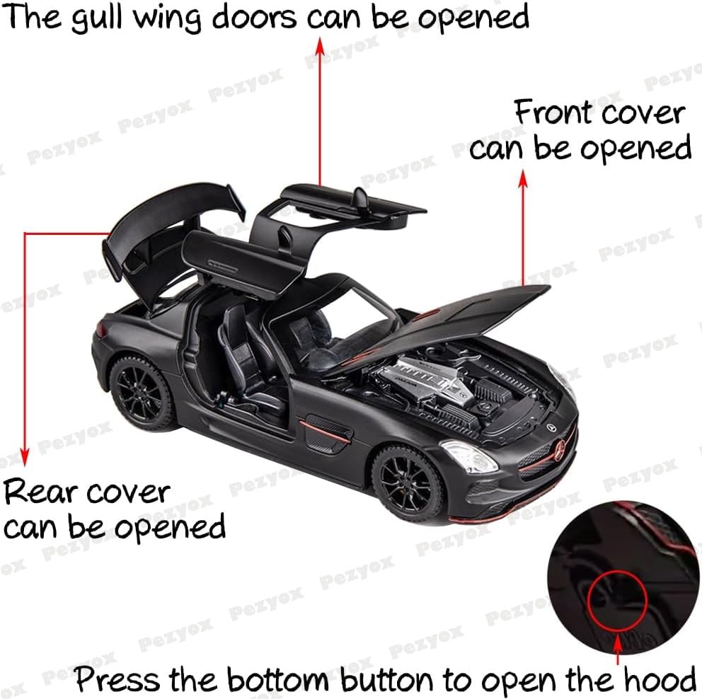 Image of 1:32 Benz SLS AMG Model Car Zinc Alloy Pull Back Toy with Sound & Light Fun for Kids, Boys & Girls Collectible Diecast Car for Ages 3+ (Black)