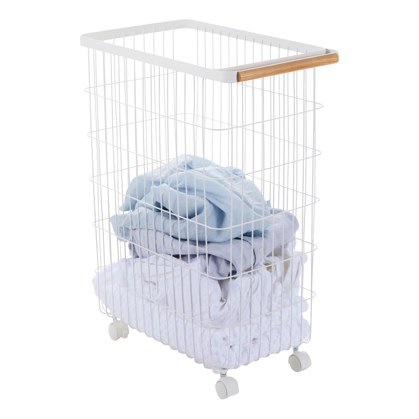 Home Wire Slim Saving Rolling Wheeled Clothing Hamper | Steel + Wood | Laundry Basket, One Size, White