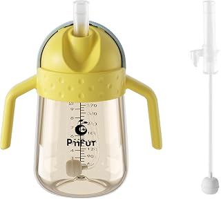 Piifur Weighted Straw Sippy Cup with Extra Straw Set, Spill Proof Water Bottle with Fixed Handle for Baby 6+ Months, 10 Ounce (Yellow)