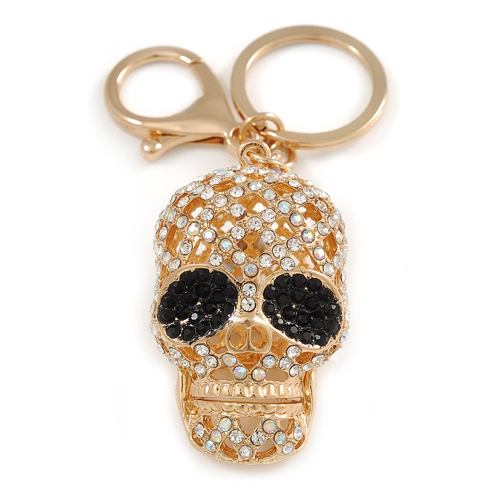 Avalaya Black, Gold Clear/Black Crystal Skull Keyring/Bag Charm In Gold Tone - 10Cm L
