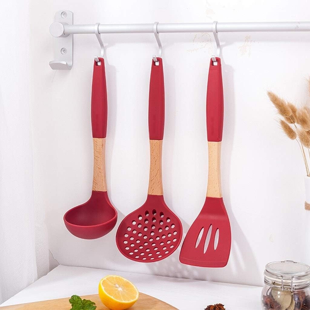 Kitchen Tool Silicone Slotted Skimmer Spatula Non-Stick Cooking Spoon Ladle Professional Colander Strainer with Long Handle for Kitchen (Red) Fine mesh Strainer