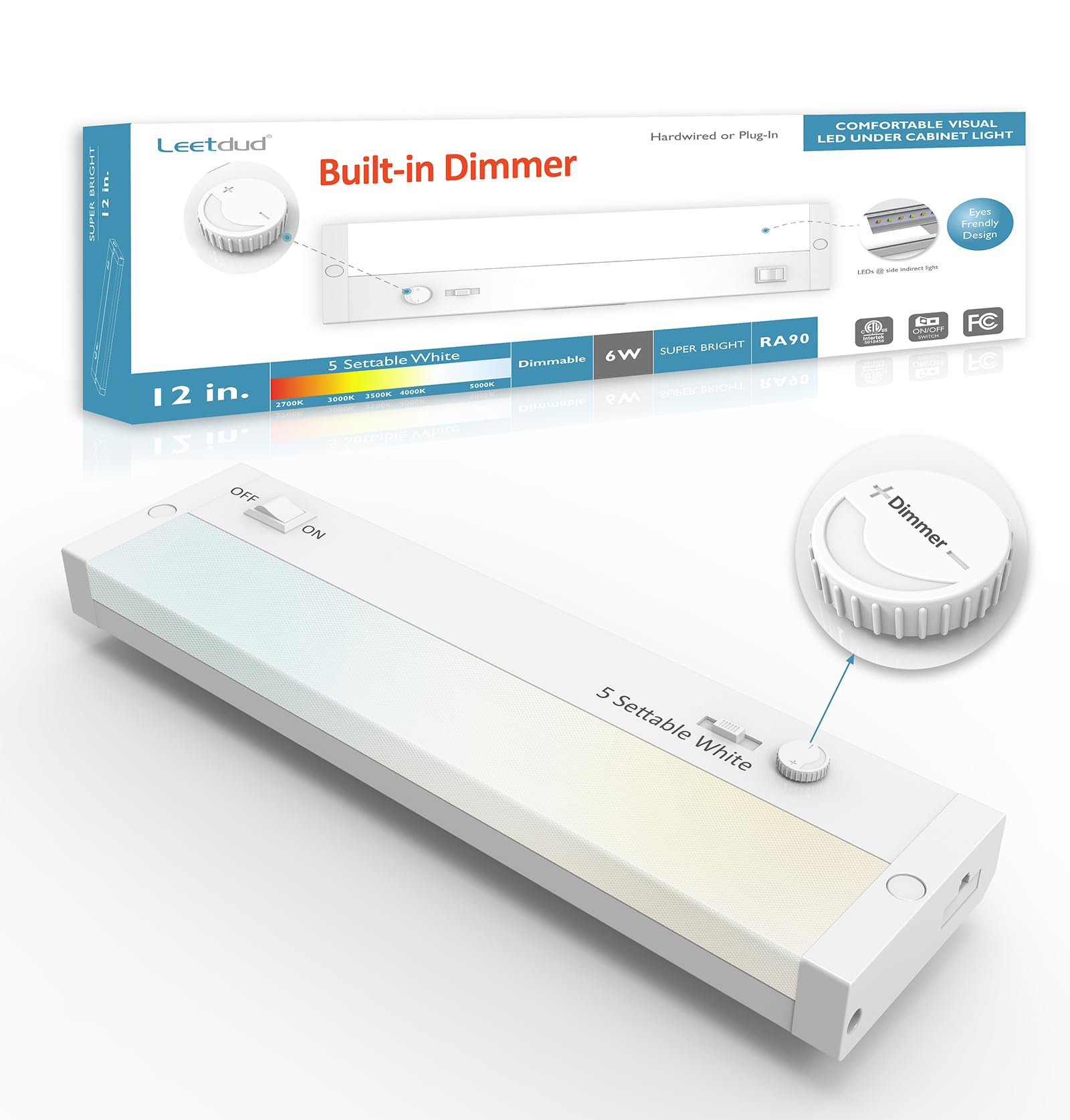Under Cabinet Lighting Plug in or Hardwired Built-in Dimmer, 12 Inch 6W, 5CCT 2700/3000/3500/4000/5000K, Linkable Counter Lights for Kitchen, ETL Dimmable LED Light Fixture, White