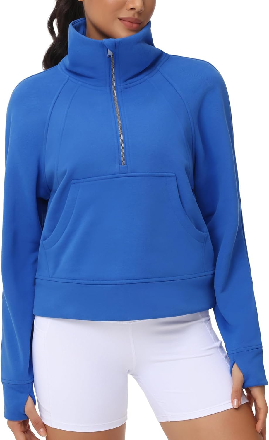 THE GYM PEOPLE Womens' Half Zip Pullover Fleece Stand Collar Crop Sweatshirt with Pockets Thumb Hole