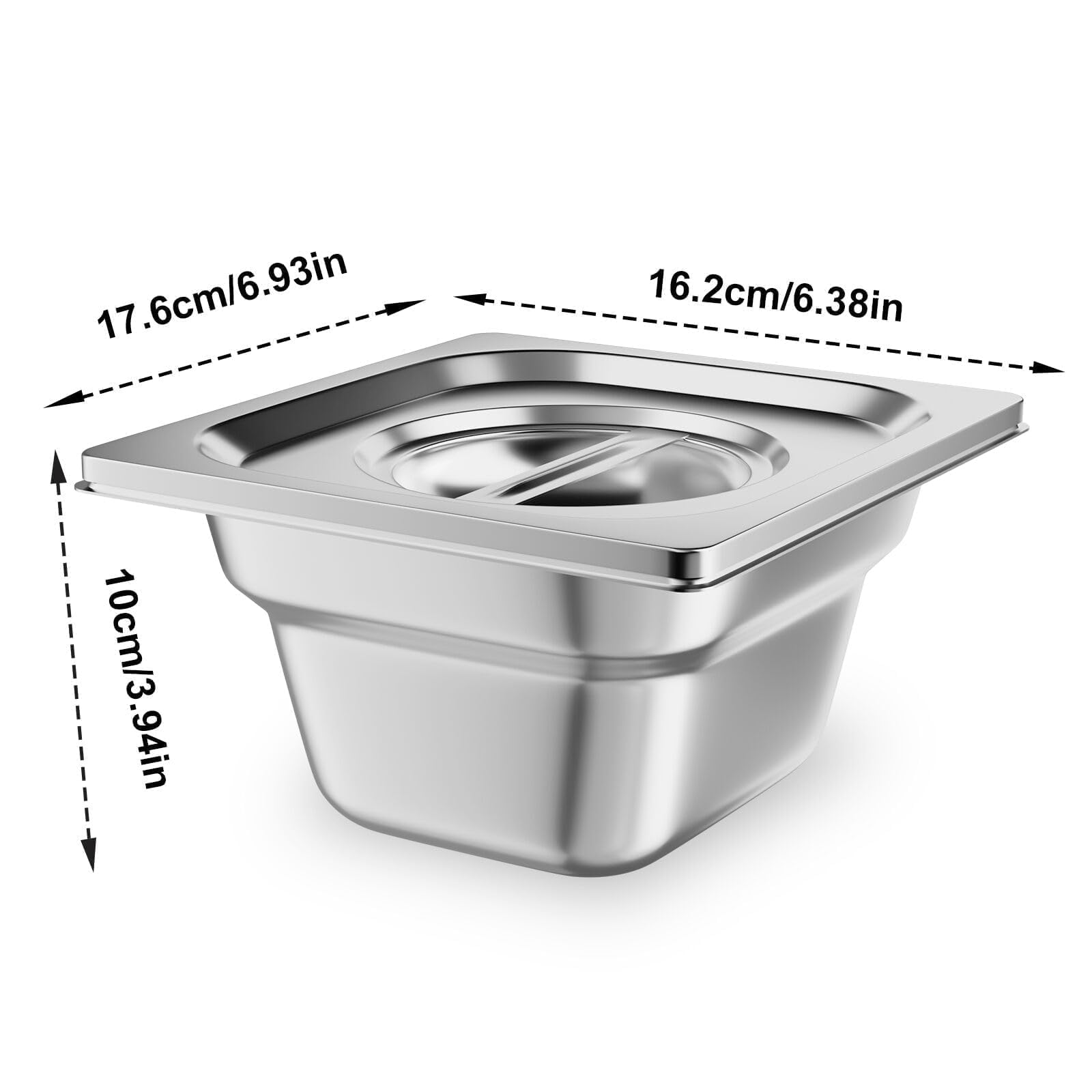 TAIMIKO 6 recipientes de acero inoxidable con tapas, bandeja Gastronorm GN 1/6, 100 mm de profundidad, contenedor de almacenamiento de alimentos Bain Marie Catering, sartenes de 1 mm de grosor (1/6