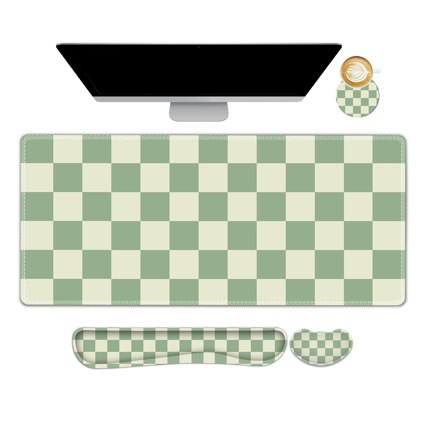 NXZGO Large Gaming Mouse Pad Set, 4 in1 Ergonomics Keyboard Desk Mat with Memory Foam Wrist Rest, Extended Game Mousepad, Non-Slip Desk Pad Matt Easy Typing Pain Relief I Green Checkered โ image 1