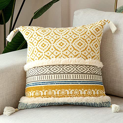 Image of Modern Homes - Feel the Difference Boho Tufted Decorative Throw Pillow Covers /Moroccan Style Cushion Covers with Tassels, Accent Decor Pillow (Yellow, 16X16 Inch)(Cotton), 250 TC