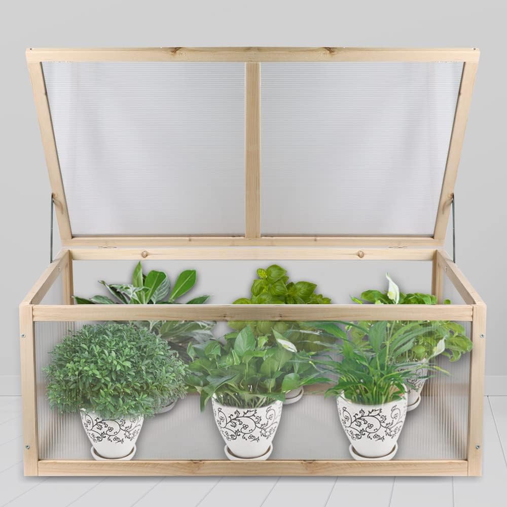 BIGTREE Mini Greenhouse Indoor/Outdoor Nursery Vented Cold Frame Wooden Green House Garden Planter Plant Cover Wood Top Opening Door - 39X25X15