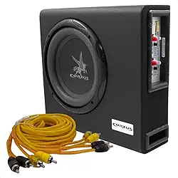 Caixa Automotiva Amplificada 350W Subwoofer 8'' Mini Slim 3 Canais Corzus + Cabo Rca 4 Vias Blindado Som Profissional 5 Metros Vipertron