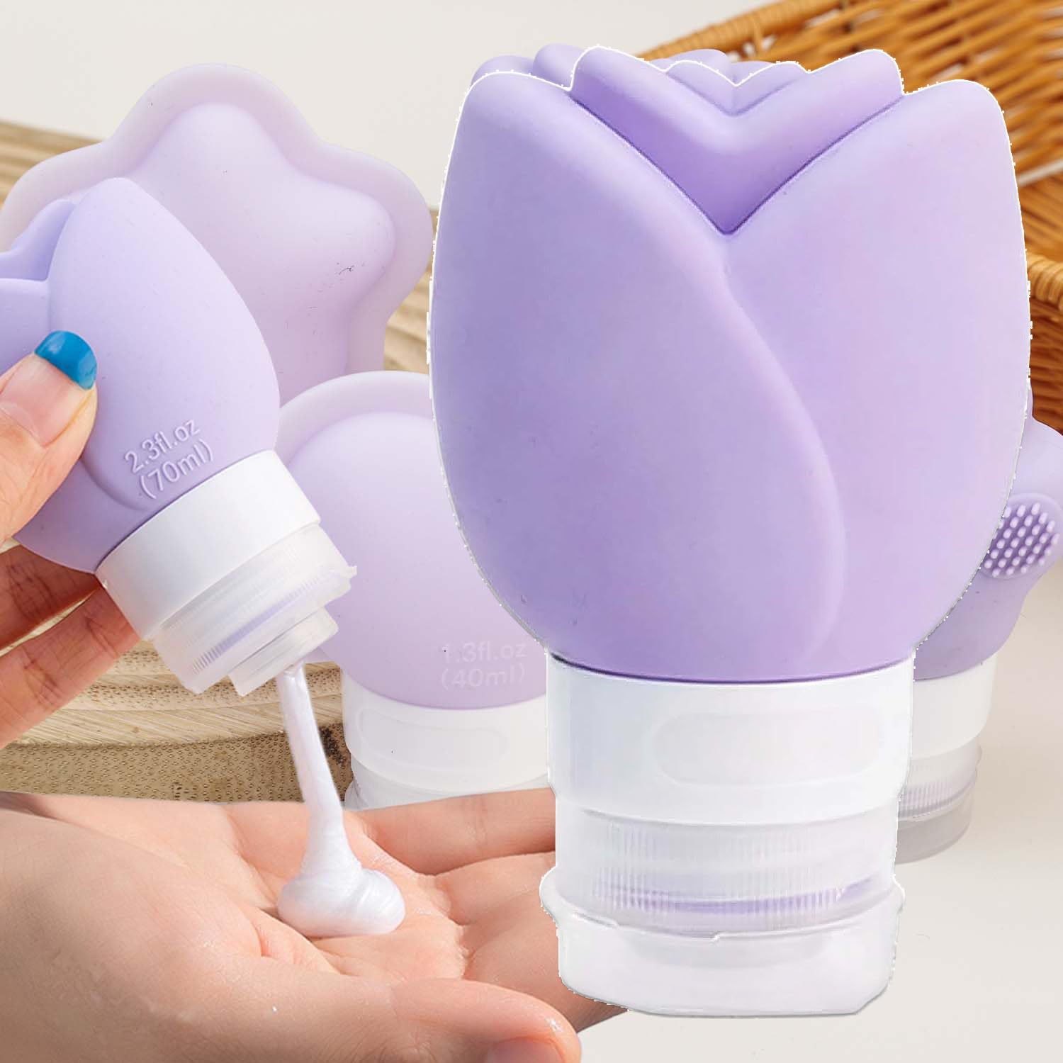 Silicone Travel Bottles, Portable and Reusable Travel Bottles for Toiletries, Leak Proof Squeezable Toiletry Bottles (Tulip, 9.3x6x4cm)