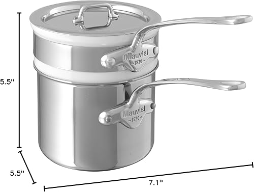 Miniatura 2 de Mauviel M'Cook Bain Marie de acero inoxidable pulido de 5 capas con tapa y mango de acero inoxidable fundido, 1.8 cuartos de galón, fabricado en