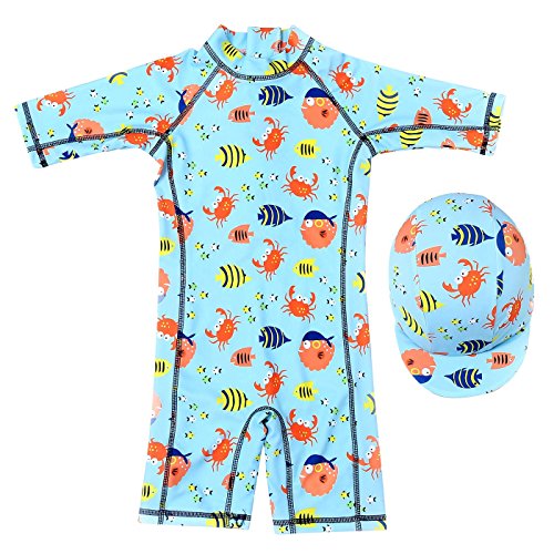 Aivtalk Toddler Boys Swimsuit One-Pieces with Hat Long Sleeves Fish Swim Outfit Blue 12-18M