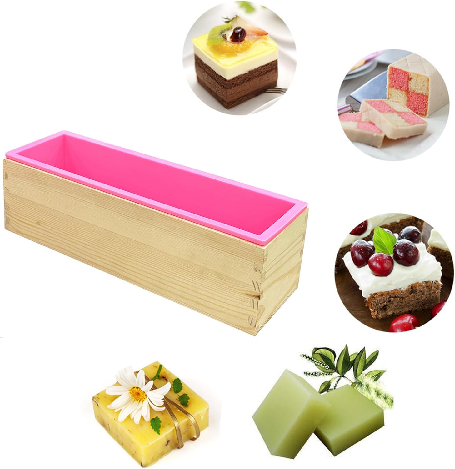 2 Pcs Flexible Rectangular Soap Silicone Loaf Mold Wood Box for 42oz Soap Making Supplies with 2 Stainless Steel Wavy & Straight Soap Mold Loaf Cutter Cutting Tool (Pink)