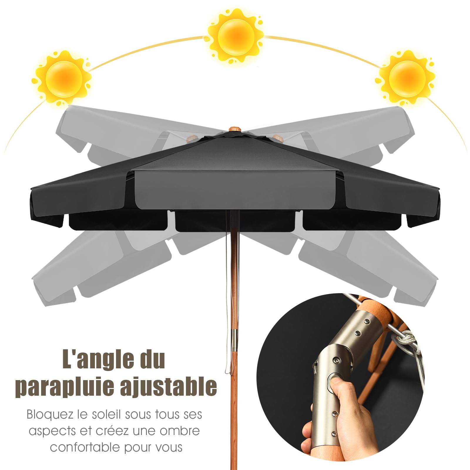 GOPLUS Parasol de Jardin Exterieur 3x3M, Parasol Inclinable de Balcon avec 8 Baleines en Bois, Tissu Anti-UV, avec Lambrequin pour Terrasse Patio Restaurant (Gris)