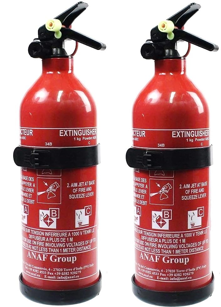 FERRETELIX® Lot de 2 Extincteurs 1 kg Poudre ABC – avec Supports de Fixation – Homologués pour Voiture, Maison, Bureau, Camping-Car ou Bateau