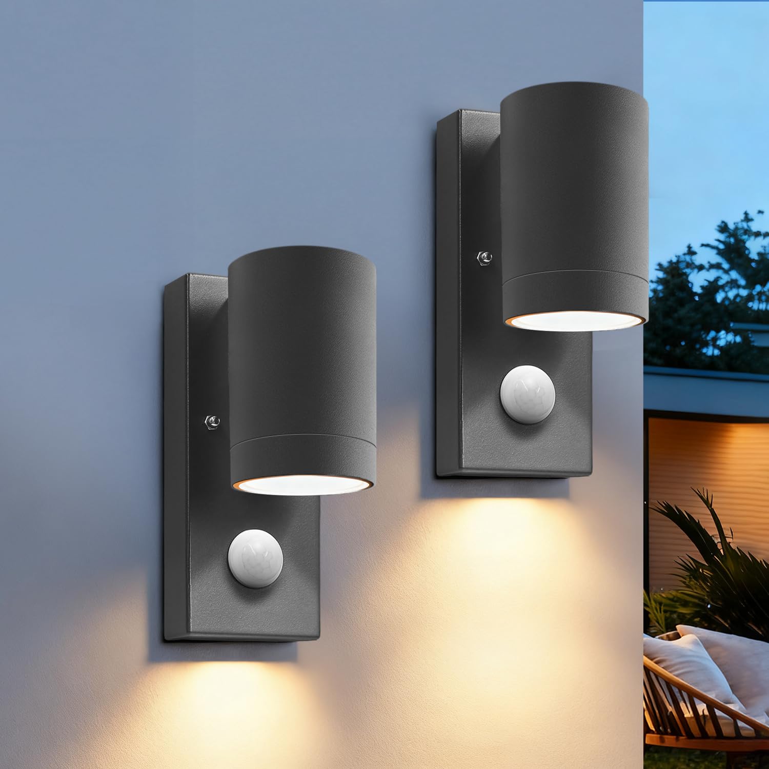 EBION PIR Outdoor Wall Lights,IP65 Waterproof Outside Wall Lights with Motion Sensor,Aluminium Outside Wall Sconce GU10,Exterior Wall Lamp for Front Door,Porch,Patio,Anthracite,2 Pack