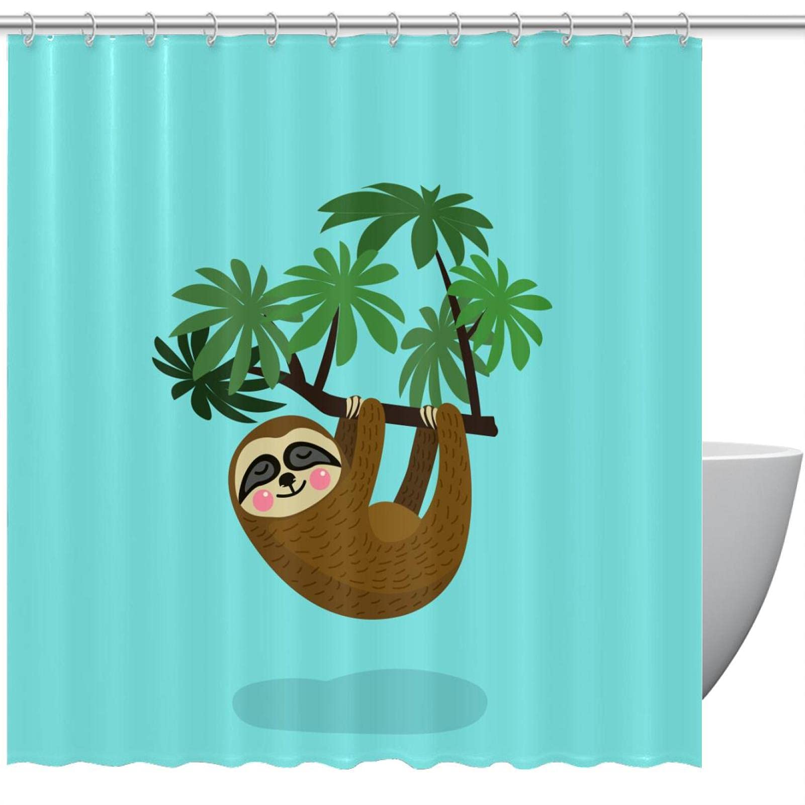 Rideau de douche paresseux vert grand format 168 x 183 cm au motif imprimé jungle