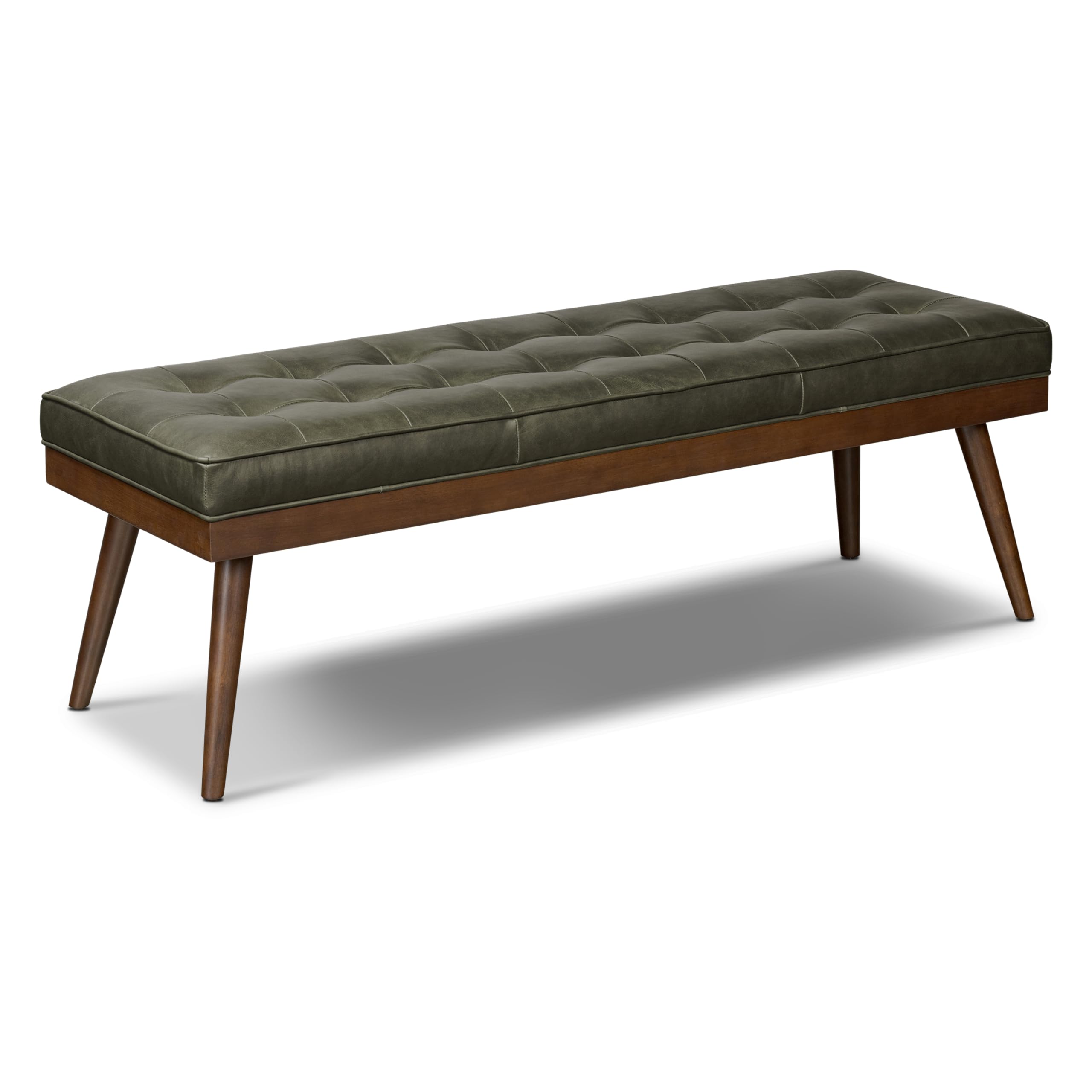 POLY &amp; BARK 55" Tufted Leather Bed Bench for Bedroom End of Bed - Living Room Entry Way Bench - Pure Italian Leather Upholstery with a Solid Wood Frame - Ottoman Bench with Wooden Legs - Olivine Green
