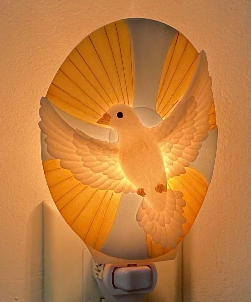 Holy Spirit Dove Night Light, Hand-Painted Bonded Marble, Plug-in Wall Lamp with UL Base, Religious Christian Decor, White, 4.5 x 3.5 x 6 Inches from SassyXpressions