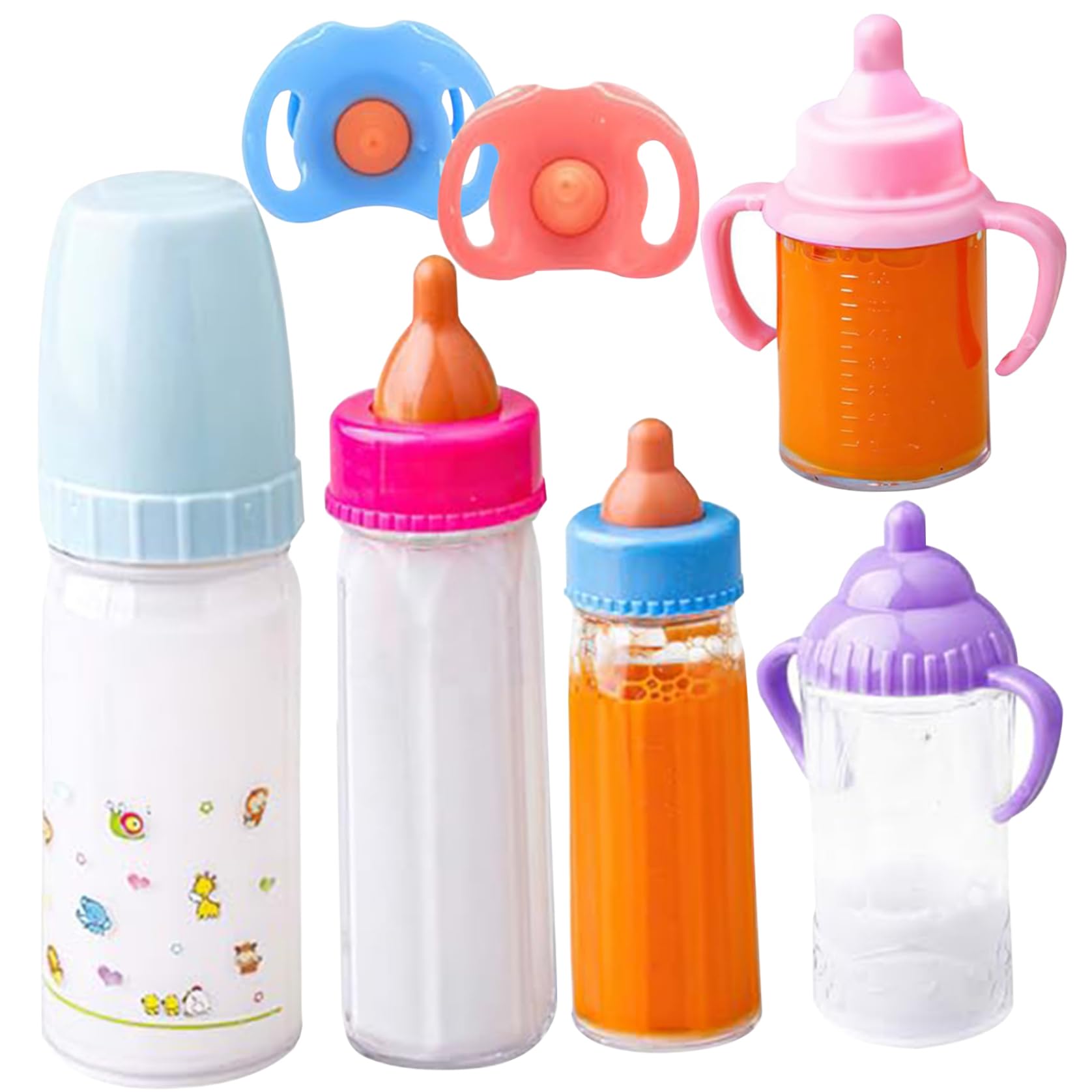 Baby Doll Bottles Set with Pacifiers Magic Baby Bottles for Dolls with Disappearing Milk or Juice Simulation Dolls Accessories Gift for Kids