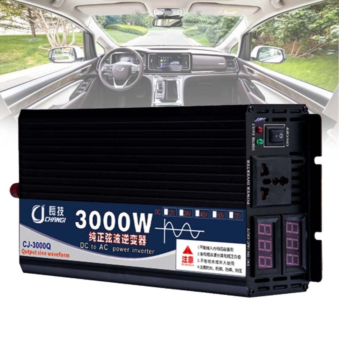 Przetwornica Samochodowa, Przetwornica Sinusoidalna 2600W, 3000W, 4000W, 5000W, Przetwornica Napięcia 12V/24V/48V/60V/72V Do 220V, Niezbędnik Do Podróży Na Zewnątrz,3000W-12V