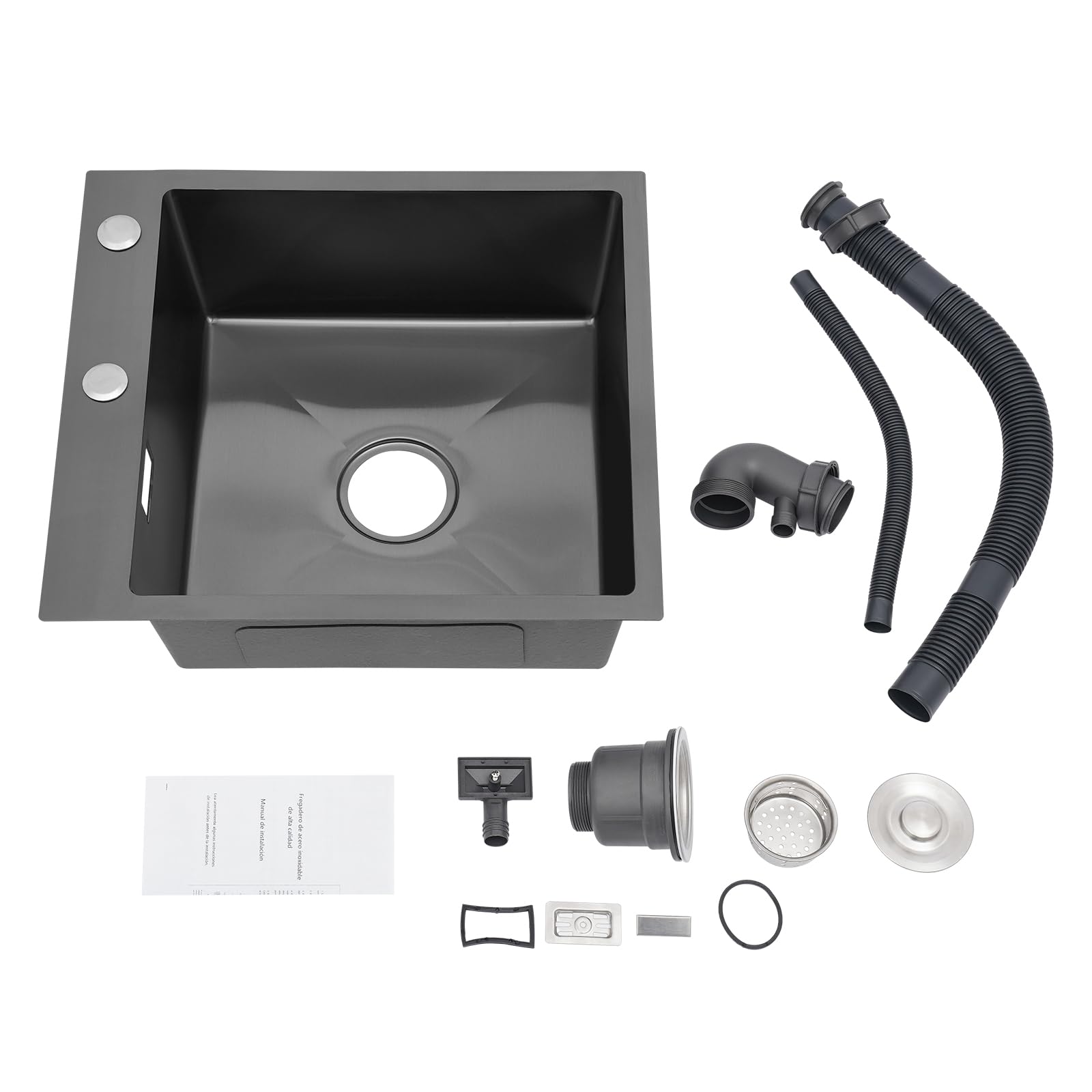 Fregadero de cocina de granito, de 45 x 50 cm, de acero inoxidable con dispensador de jabón y juego de drenaje, lavabo de cocina y fregadero empotrable para armario bajo a partir de 45 (negro
