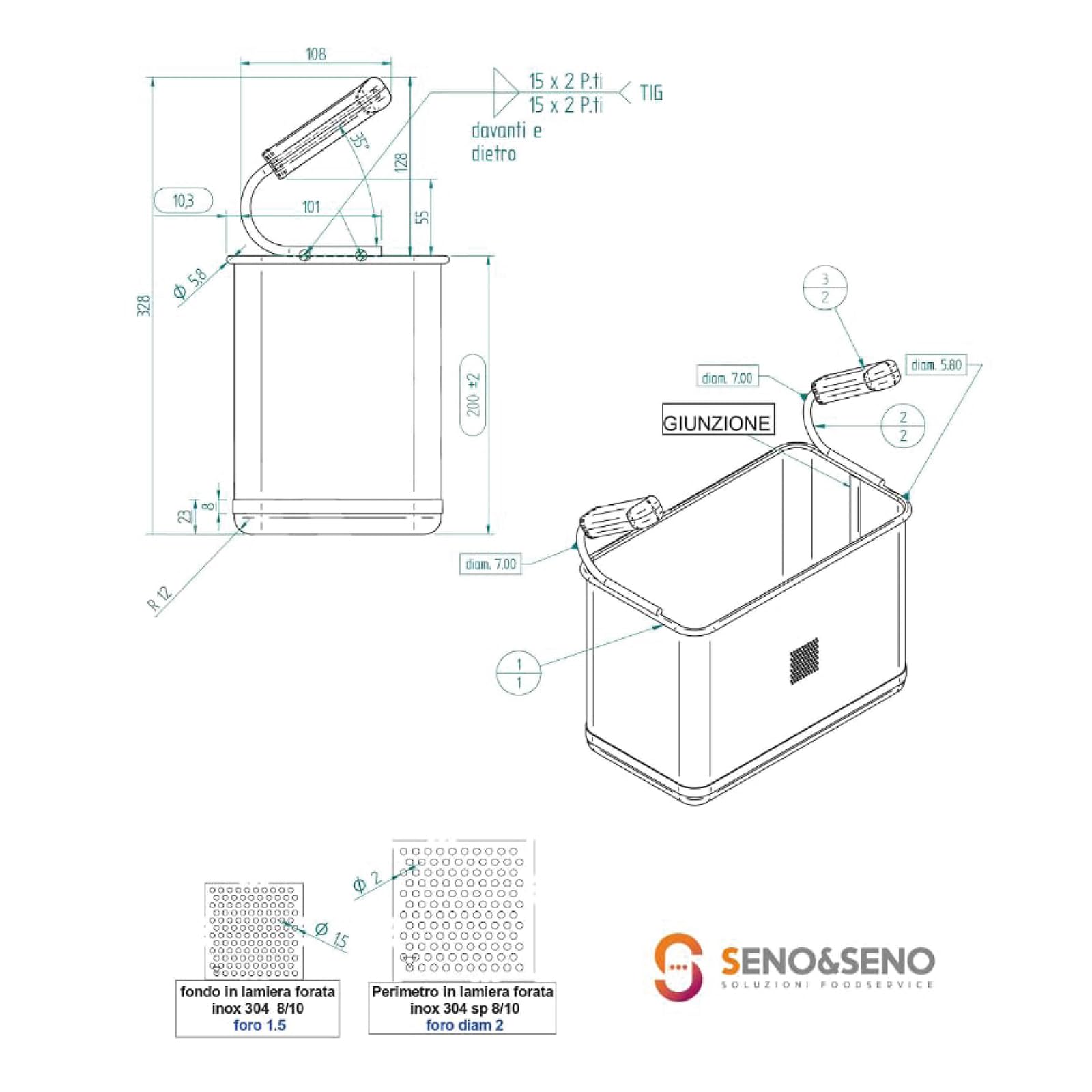 SENO & SENO Cestello Cuocipasta Universale 1/3 in Acciaio Inossidabile 29x16x20 cm – Manico Pieghevole Ergonomico – Resistente, Lavabile in Lavastoviglie, Utilizzo prolungato