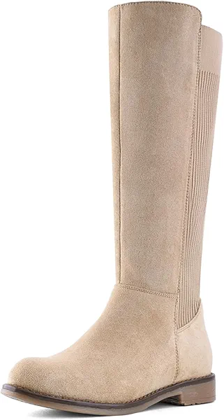 Shoe'N Tale Women's Knee High Boots Flat Low Heel Stretchy Round Toe with Side Zipper(6.5,Khaki Knit)