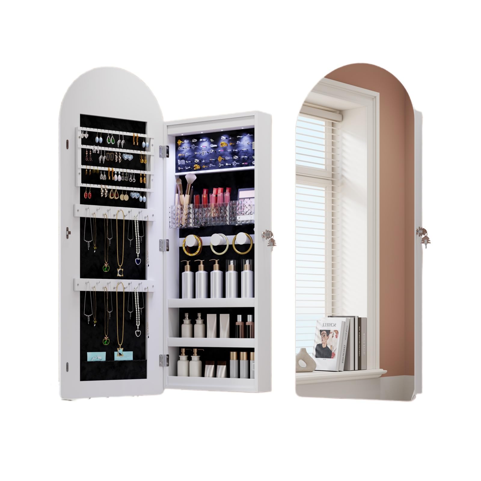 SEVOBAL Jewelry Armoire, Wall Mounted Jewelry Organizer Cabinet with Full-Length Arched Mirror & 3 Storage Shelves, 43'' Hanging Makeup Dressing