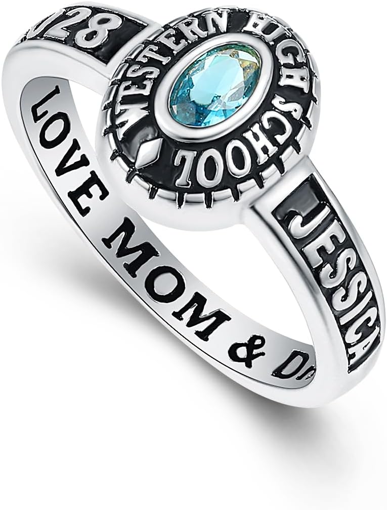 Official Mementos USA Premium American Brand Class Ring for Women – Express 5 Day Option - Black Band – Genuine Silenium, 925 Sterling Silver or 10KT Gold – Customized High School College University Class Ring – Graduation Gifts