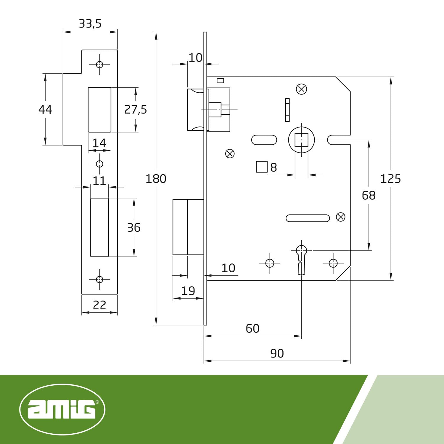 Amig - Serratura da infilare | Ingresso 60/68 mm | Serratura per Porte in Legno | Con la chiave Gorja sul bordo quadrato | Chiave vuota | Acciaio inossidabile opaco